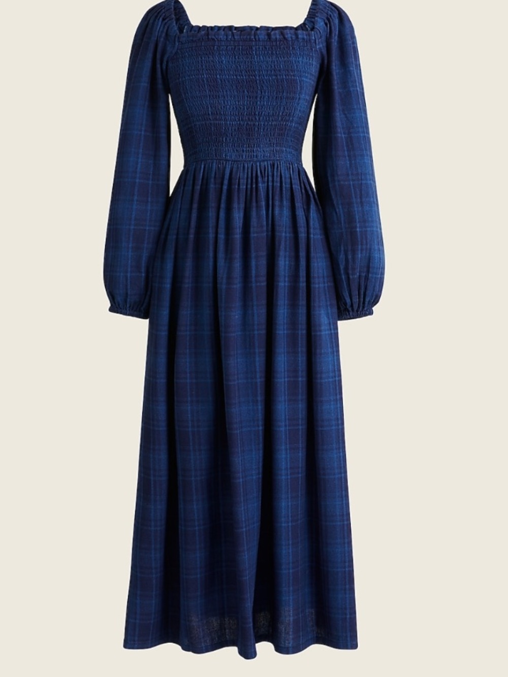 J crew 100% cotton indigo tartan plaid puff sleeve smocked midi dress sz m